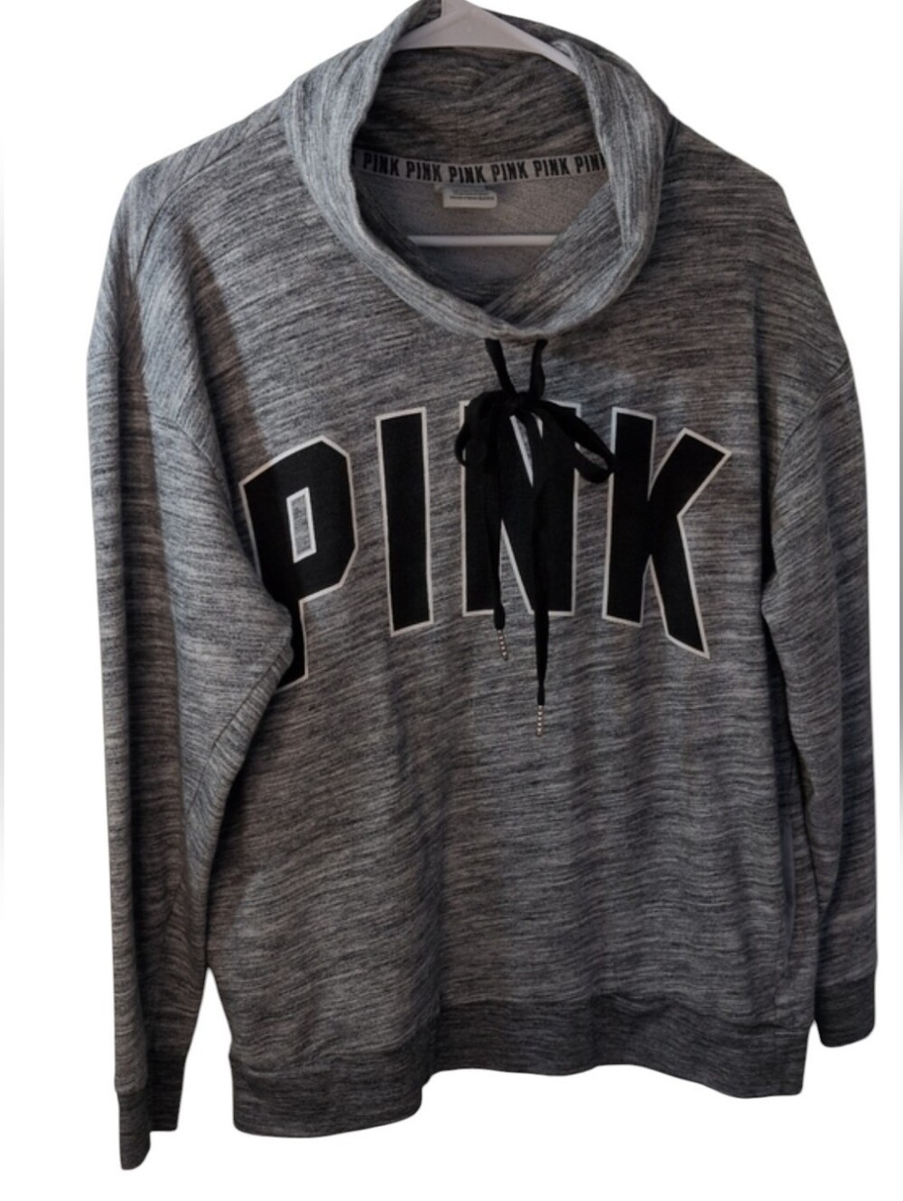 PINK Victoria's Secret Gray Cowl Neck Pullover with Black Logo, Med Oversized